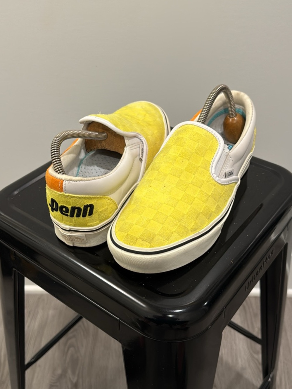 Vans Yellow Checkerboard Slip-On Loafers with Orange Heel Accent